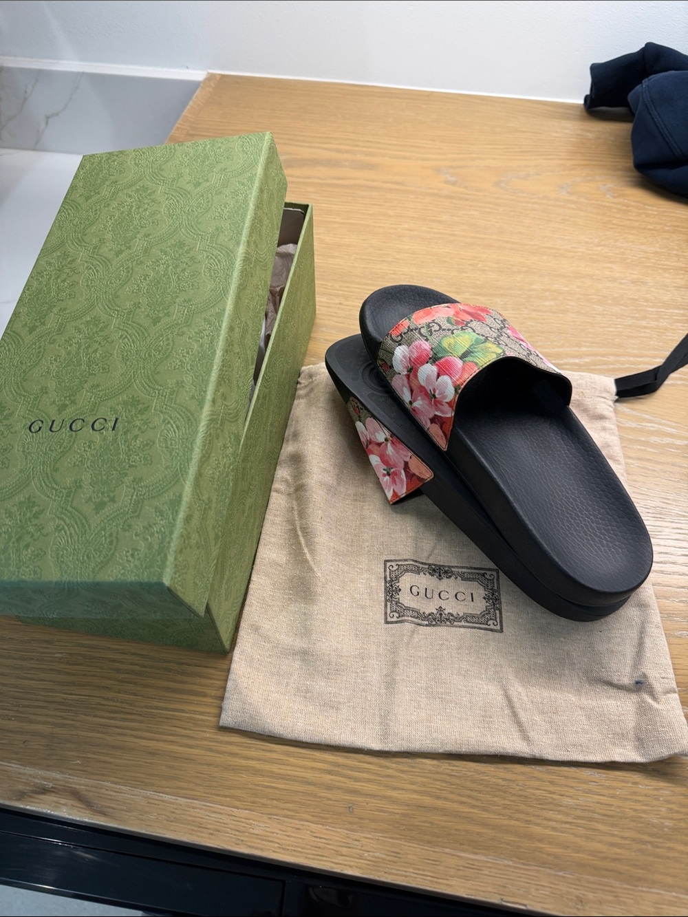 Gucci Floral GG Canvas Slide Sandals - Black with Pink, Red & Green Floral - Picture 11 of 11